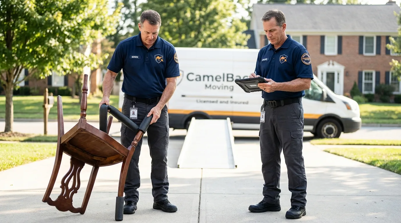Movers inspecting furniture for damage prevention before loading in Chipley, FL