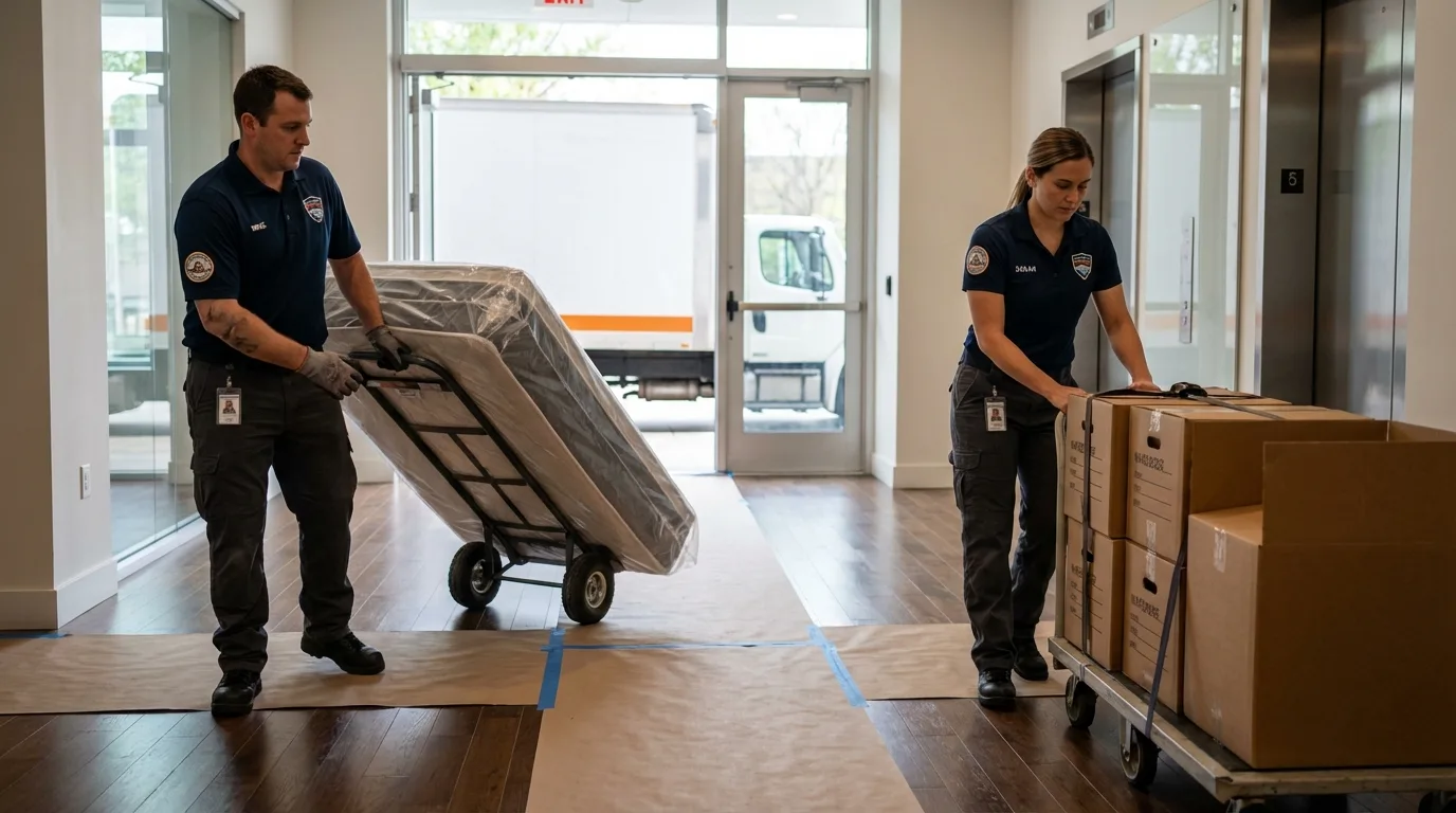 Professional apartment movers loading elevator in Chipley, FL